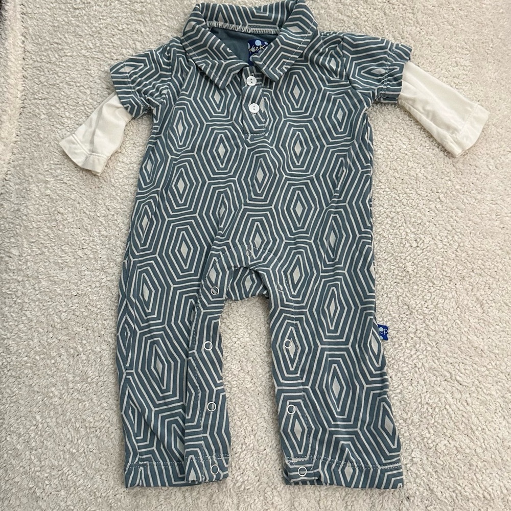 EUC Kickee Pants Preemie - Long Sleeve Polo Romper Dusty Sky Tortoise Shell